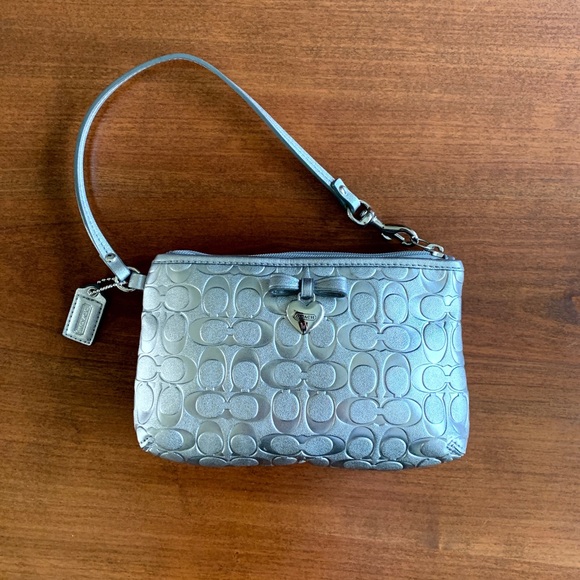 Coach Handbags - Coach Signature Silver Heart Wristlet